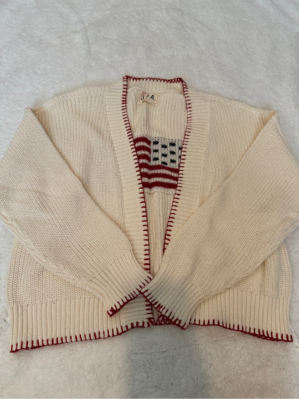 J.O.A. Cream Knit Cardigan with Red Trim and Flag Detail